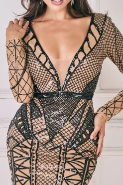 Geometric Sequin Plunge Mini Dress - Black by Goddiva