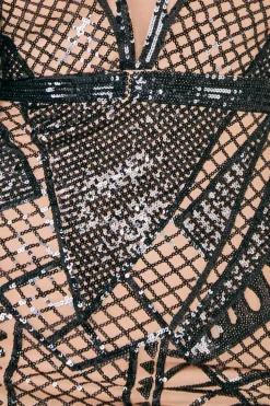 Geometric Sequin Plunge Mini Dress - Black by Goddiva