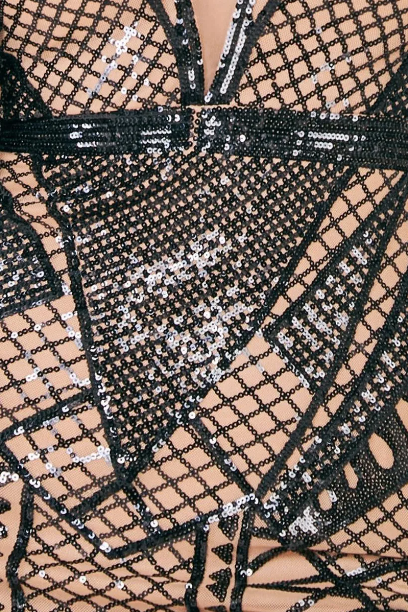 Geometric Sequin Plunge Mini Dress - Black by Goddiva