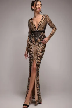 Geometric Sequin Plunge Maxi - Black by Goddiva