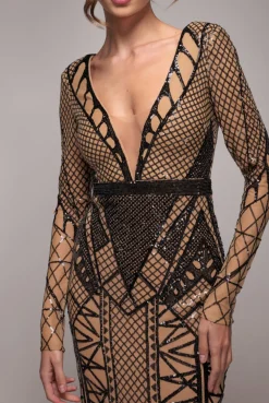 Geometric Sequin Plunge Maxi - Black by Goddiva