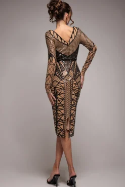 Geometric Sequin Plunge Midi - Black by Goddiva