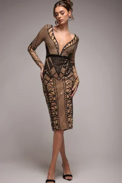 Geometric Sequin Plunge Midi - Black by Goddiva