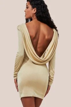 Glitter Cowl Back Mini With Sleeves - Gold by Goddiva