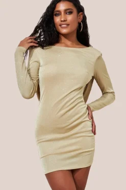 Glitter Cowl Back Mini With Sleeves - Gold by Goddiva