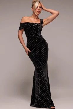 Glitter Polka Dot Velvet One Shoulder Maxi Dress - Black by Goddiva