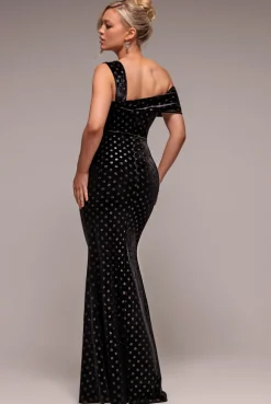 Glitter Polka Dot Velvet One Shoulder Maxi Dress - Black by Goddiva