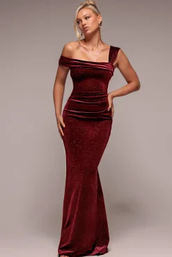 Glitter Polka Dot Velvet One Shoulder Maxi Dress - Wine by Goddiva