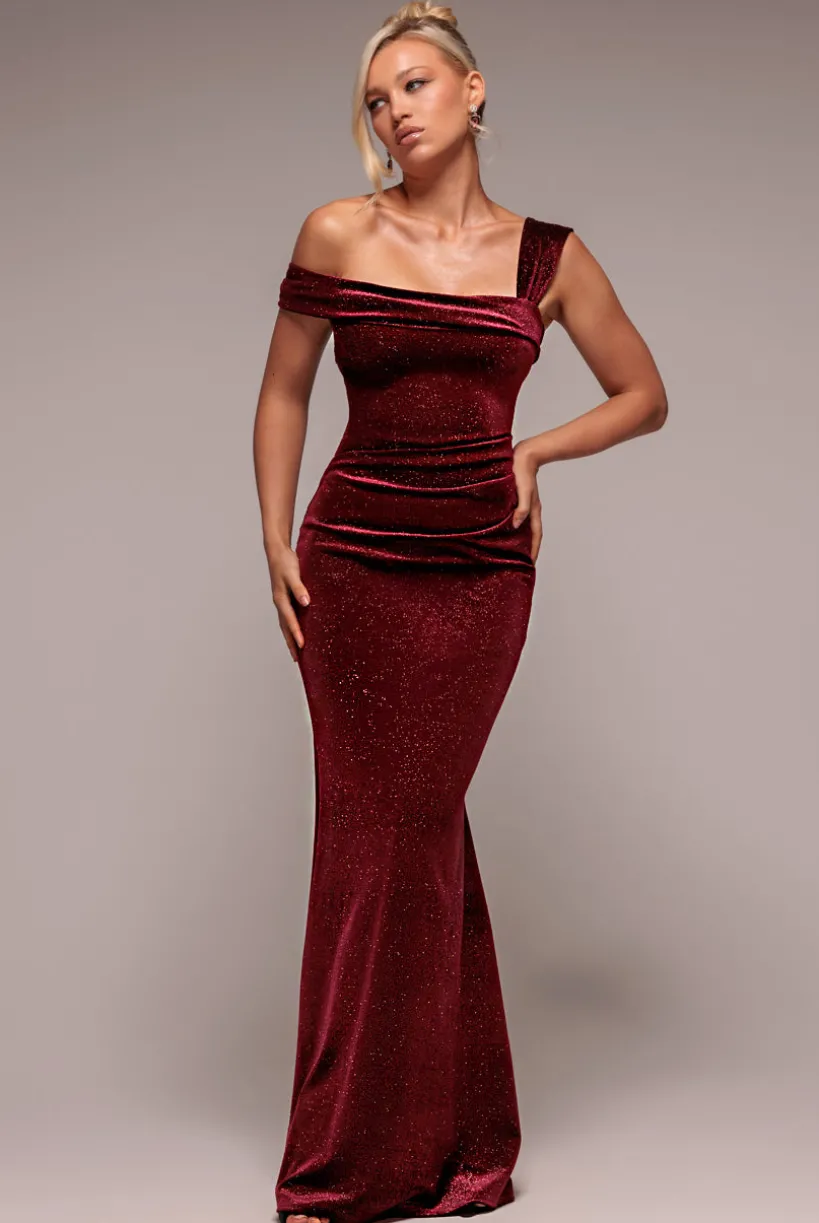 Glitter Polka Dot Velvet One Shoulder Maxi Dress - Wine by Goddiva