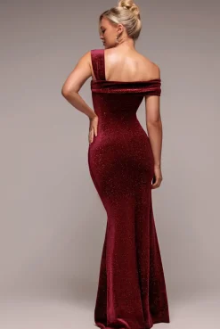 Glitter Polka Dot Velvet One Shoulder Maxi Dress - Wine by Goddiva