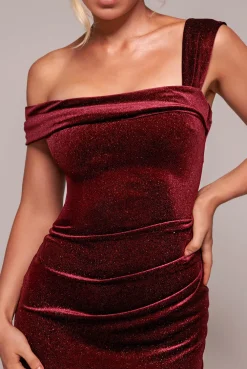 Glitter Polka Dot Velvet One Shoulder Maxi Dress - Wine by Goddiva