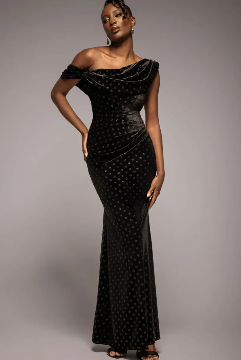 Glitter Velvet Cowl Neck Off The Shoulder Maxi Dress - Black by Goddiva