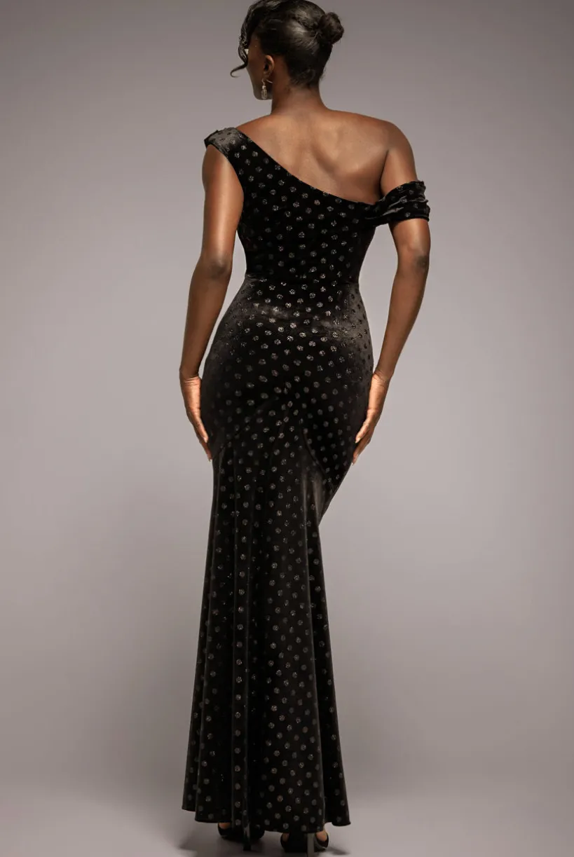 Glitter Velvet Cowl Neck Off The Shoulder Maxi Dress - Black by Goddiva