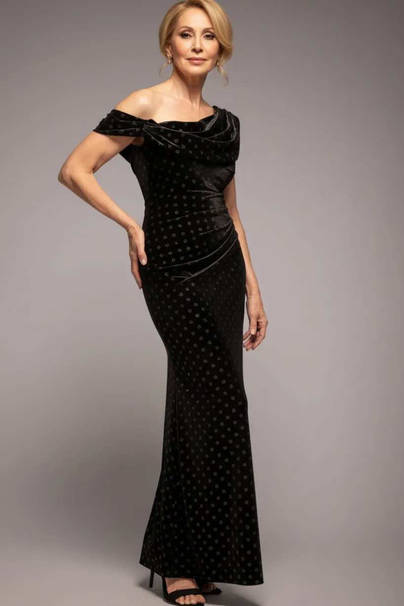 Glitter Velvet Cowl Neck Off The Shoulder Maxi Dress - Black by Goddiva