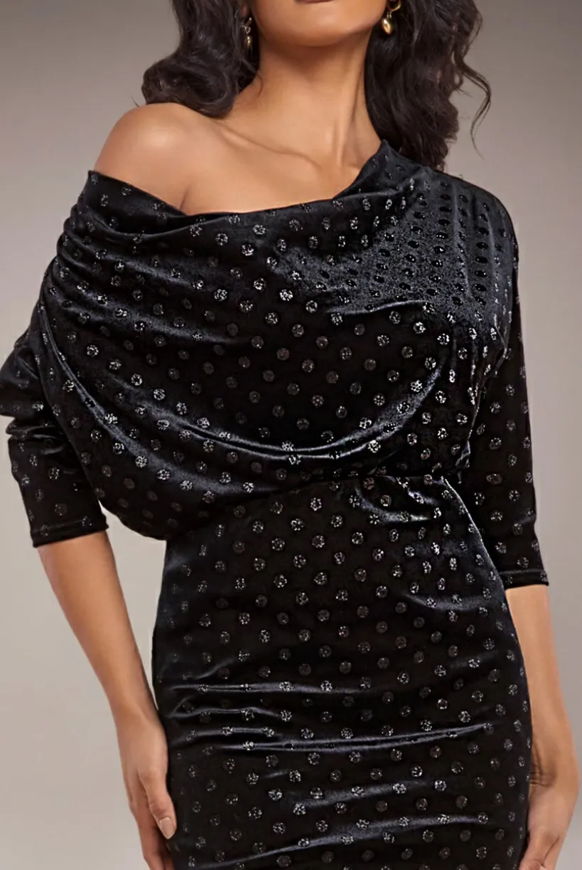 Glitter Velvet Cowl Neck Sheath Midi Dress - Black by Goddiva