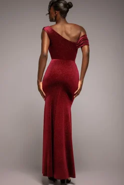 Glitter Velvet Cowl Neck Off The Shoulder Maxi Dress - Wine by Goddiva