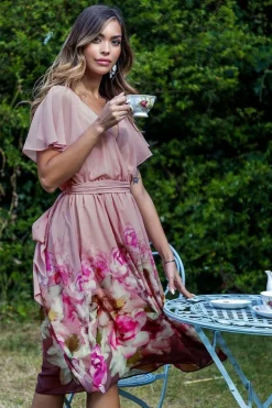Goddiva Chiffon Floral Border Print Midi Dress - Blush