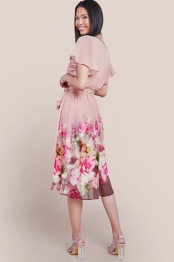 Goddiva Chiffon Floral Border Print Midi Dress - Blush