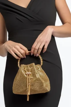 Gold Crystal Mesh Top Handle Evening Bag by Aftershock London