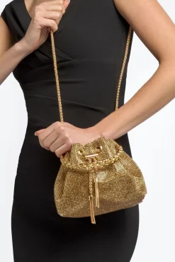 Gold Crystal Mesh Top Handle Evening Bag by Aftershock London