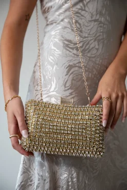 Gold Diamante Clutch Bag by SVNX