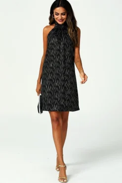 Gold Foil Halter Neck Tie Back Mini Dress In Black by FS Collection