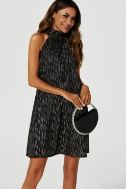 Gold Foil Halter Neck Tie Back Mini Dress In Black by FS Collection