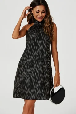 Gold Foil Halter Neck Tie Back Mini Dress In Black by FS Collection
