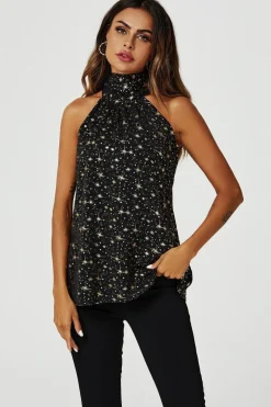 Gold Foil Star Halter Neck Tie Back Top In Black by FS Collection