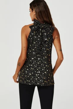 Gold Foil Star Halter Neck Tie Back Top In Black by FS Collection
