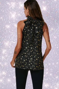 Gold Foil Star Halter Neck Tie Back Top In Black by FS Collection