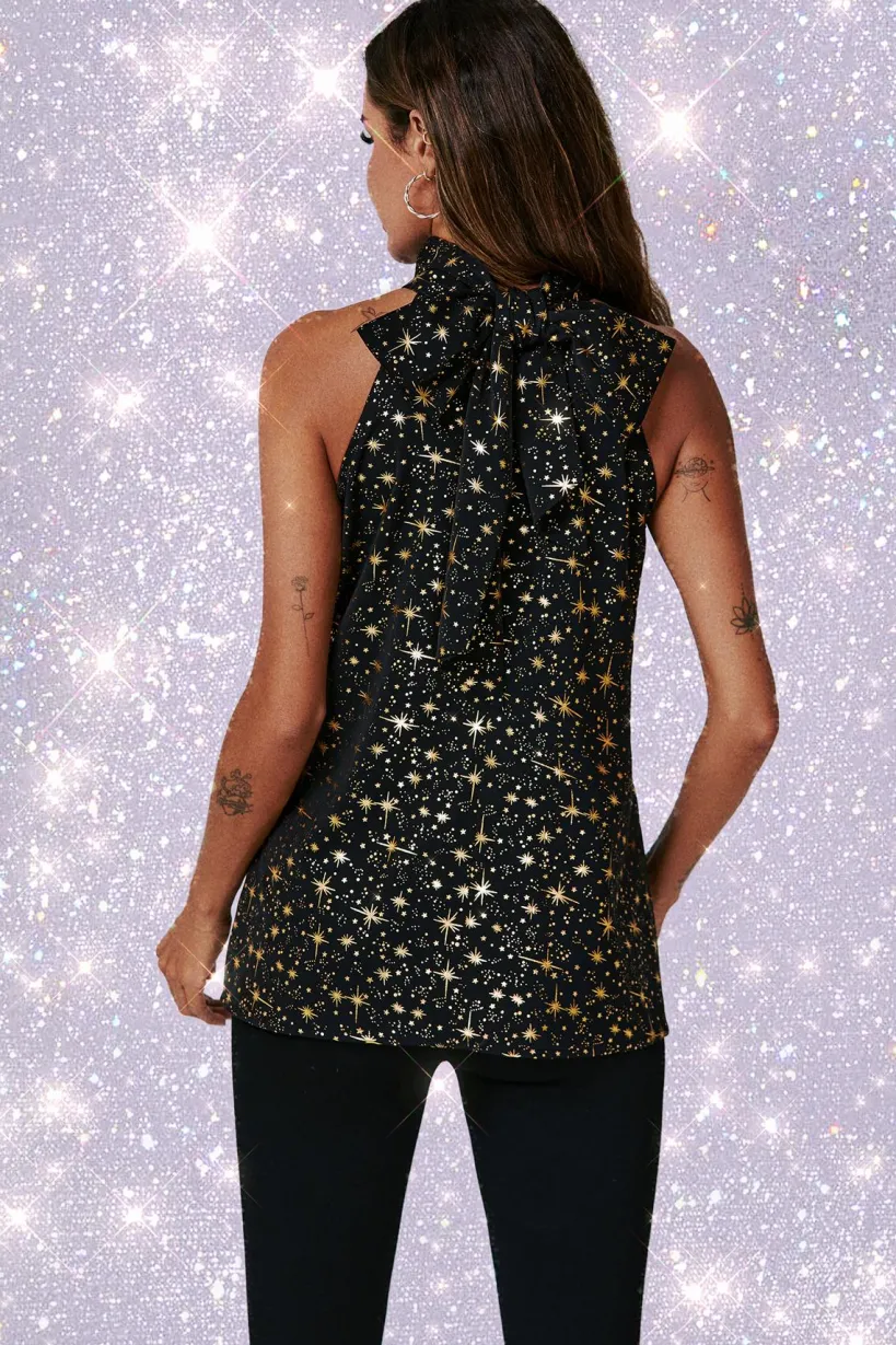 Gold Foil Star Halter Neck Tie Back Top In Black by FS Collection