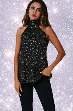 Gold Foil Star Halter Neck Tie Back Top In Black by FS Collection