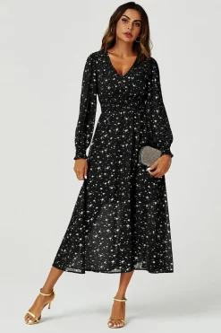Gold Star Foil Long Sleeve Maxi Dress In Black by FS Collection
