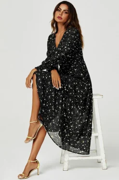 Gold Star Foil Long Sleeve Maxi Dress In Black by FS Collection