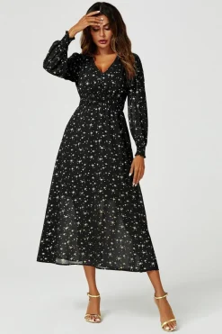 Gold Star Foil Long Sleeve Maxi Dress In Black by FS Collection