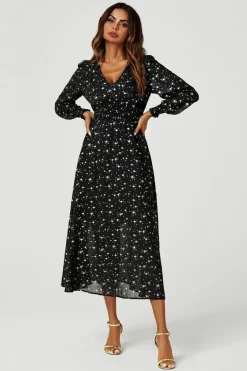 Gold Star Foil Long Sleeve Maxi Dress In Black by FS Collection