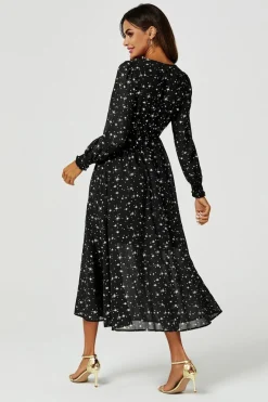 Gold Star Foil Long Sleeve Maxi Dress In Black by FS Collection