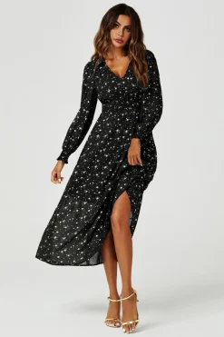 Gold Star Foil Long Sleeve Maxi Dress In Black by FS Collection