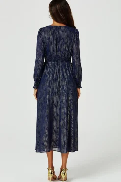 Gold Stripe Foil Long Sleeve Maxi Dress In Navy by FS Collection