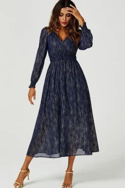 Gold Stripe Foil Long Sleeve Maxi Dress In Navy by FS Collection