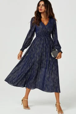 Gold Stripe Foil Long Sleeve Maxi Dress In Navy by FS Collection