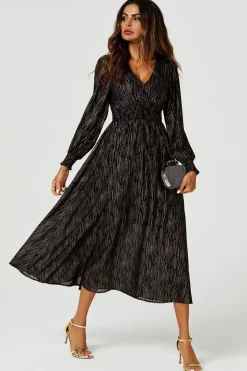 Gold Stripe Foil Long Sleeve Maxi Dress In Black by FS Collection