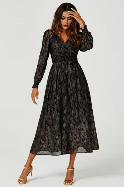 Gold Stripe Foil Long Sleeve Maxi Dress In Black by FS Collection