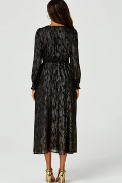 Gold Stripe Foil Long Sleeve Maxi Dress In Black by FS Collection