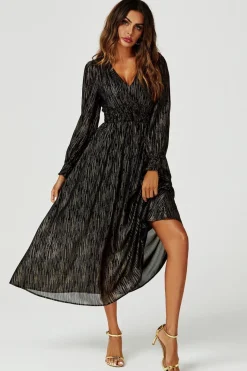 Gold Stripe Foil Long Sleeve Maxi Dress In Black by FS Collection
