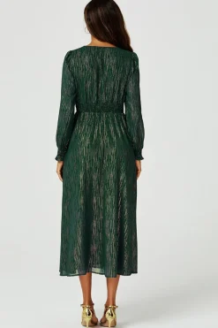 Gold Stripe Foil Long Sleeve Maxi Dress In Green by FS Collection