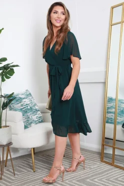 Green Chiffon Wrap Dress With Tea Sleeve by Double Second