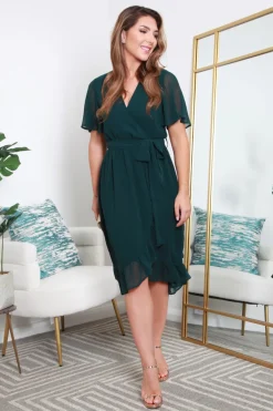 Green Chiffon Wrap Dress With Tea Sleeve by Double Second