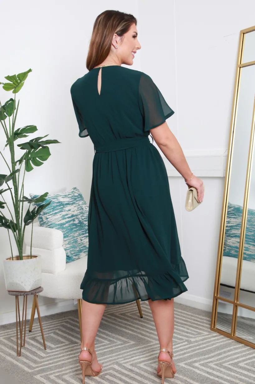 Green Chiffon Wrap Dress With Tea Sleeve by Double Second